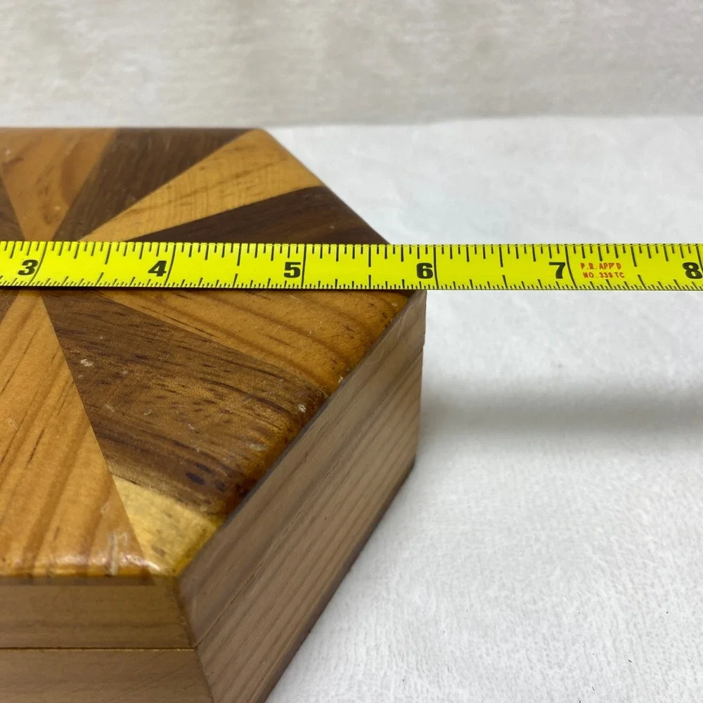 VTG Two-Toned Wooden Trinket‎ Box Hexagon Inlaid  Starburst Wood Hinged Keepsake